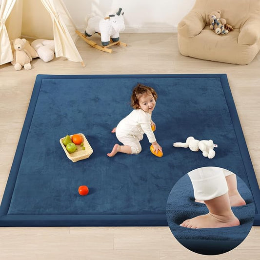 1.3" Thick Baby Play Mat for Floor Playpen, 71x59 Large Foam Tummy Time Mat, Padded Support Soft Plush Nursery Rug for Infant Kids Toddler Crawling Kick Activity (Royal Blue)-BubblyBeeBaby