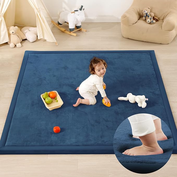 1.3" Thick Baby Play Mat for Floor, 39x59 Foam Tummy Time Mat, Padded Support Soft Plush Nursery Rug for Infant Kids Toddler Crawling Kick Activity (Royal Blue)-BubblyBeeBaby