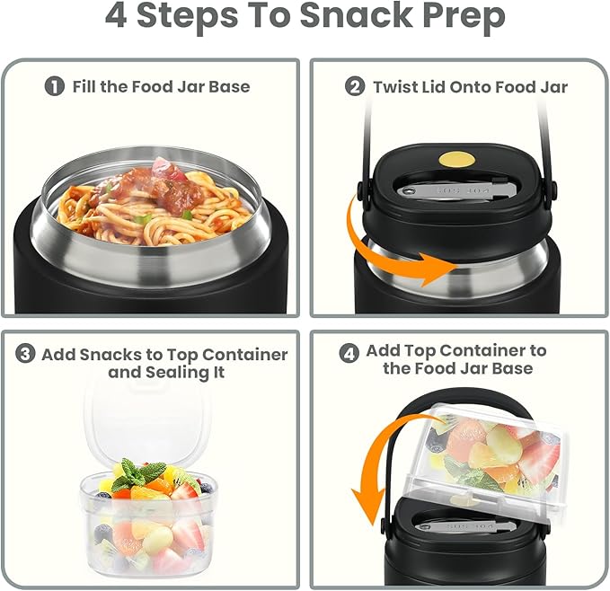 2-in-1 Insulated Food Jar & Snack Container - 15oz Kids Soup Thermos for Hot Food with Handle and Spoon, Leak Proof Reusable Toddler Snack Box, Perfect for School & Travel, Black-BubblyBeeBaby