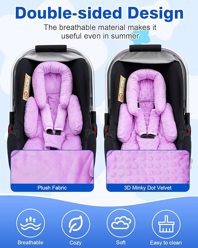 Infant Car Seat Insert with Shoulder Pads & Crocth Covers, Ultra Thick Carseat Head Support for Infant, Reversible Car Seat Insert for Newborn, Baby Car Seat Cushion for Stroller, Swing, Bouncer-BubblyBeeBaby