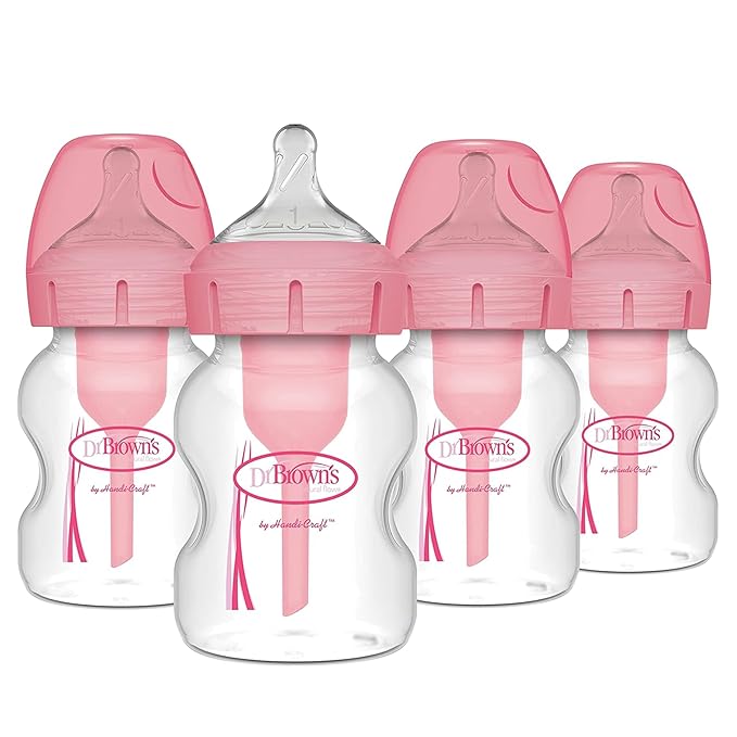 Dr. Brown's Natural Flow Anti-Colic Options+ Wide-Neck Baby Bottles 5 oz/150 mL,with Level 1 Slow Flow Nipple, Pink 4 Pack, 0m+-BubblyBeeBaby