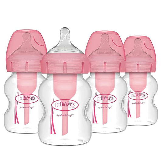 Dr. Brown's Natural Flow Anti-Colic Options+ Wide-Neck Baby Bottles 5 oz/150 mL,with Level 1 Slow Flow Nipple, Pink 4 Pack, 0m+-BubblyBeeBaby