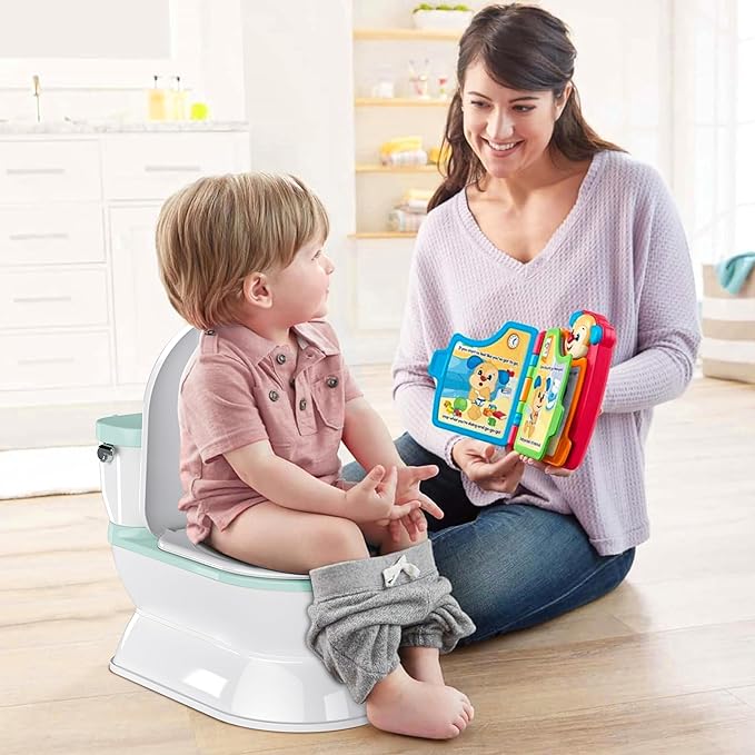 2-in-1 Toddler Potty Training Toilet - Larger Potty Chair & Detachable Training Seat for Boys & Girls Ages 1-3 with Flushing Sound, Wipes Storage, Toilet Paper Holder - Cyan-BubblyBeeBaby