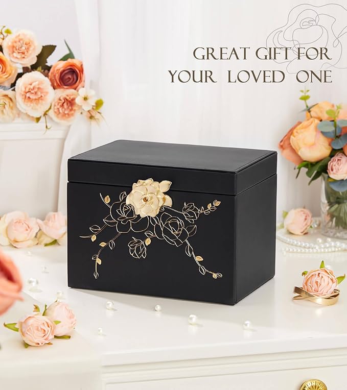 Jewelry Box with Lock for Girls: Jewelry Organizer for Dresser - 3-Drawer Earrings Storage Girls Women Gift (Black)-BubblyBeeBaby