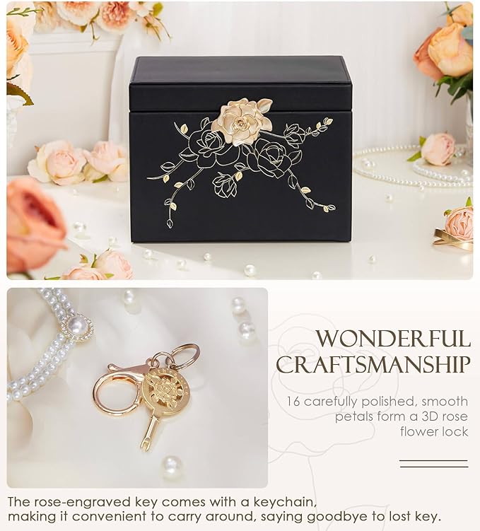 Jewelry Box with Lock for Girls: Jewelry Organizer for Dresser - 3-Drawer Earrings Storage Girls Women Gift (Black)-BubblyBeeBaby