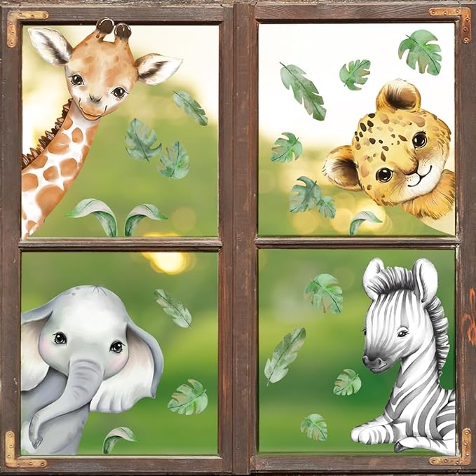 22.44 x 21.25 Inch Watercolor Jungle Animal Window Clings Tiger Lion Elephant Zebra Window Stickers Double-Side Safari Animal Window Stickers for Baby Nursery Playroom Bedroom Window Glass Wall Decor-BubblyBeeBaby