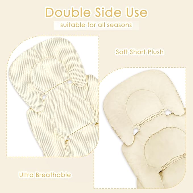 Infant Car Seat Insert for Newborn Girls Boys, Summer Mesh Baby Carseat Head Support with Strap Pads, Soft Reversible Baby Car Seat Insert Cushion Pad for Car Seat, Stroller, Bouncer, Swing, Beige-BubblyBeeBaby