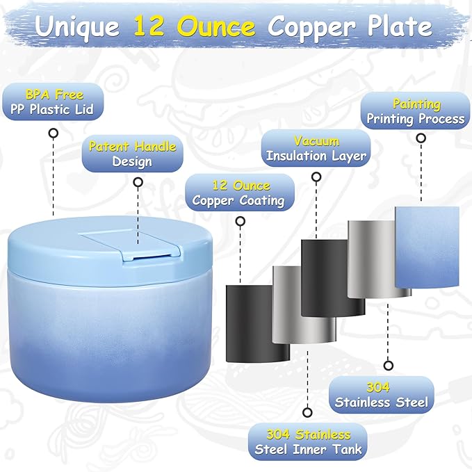 12oz Insulated Vacuum Food Jar with Buckle Lid Wide Mouth Soup Thermo for Hot Food Kids Leakproof Stainless Steel Lunch Container (Gradient Blue, 12OZ)-BubblyBeeBaby