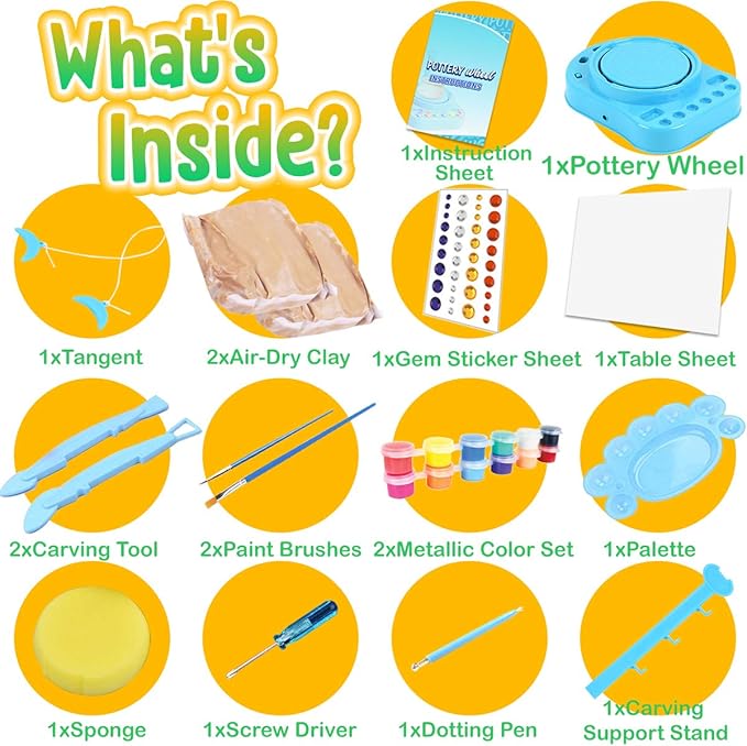 Insnug Mini Kids Pottery Wheel: Complete Painting Kit for Beginners with Modeling Clay and Sculpting Tools, Arts & Crafts Small Banding Wheel for Pottery, Tiny Pottery Wheel for Kids Age 8-12, 10-13-BubblyBeeBaby