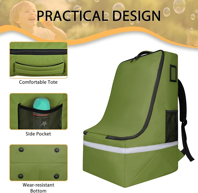 Car Seat Travel Bag for Airplane,Infant Seat Travel Bag with Shoulder Strap,Padded Car Seats Backpack with Reflective Stripes,Large Carseat Carrier Bag Travel Car Seat Cover,Green-BubblyBeeBaby