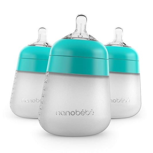 Nanobebe Flexy Silicone Baby Bottles, Anti-Colic, Natural Feel, Non-Collapsing Nipple, Non-Tip Stable Base, Easy to Clean - 3-Pack, Teal, 9 oz-BubblyBeeBaby