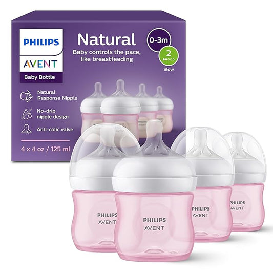 Philips Avent Natural Baby Bottles with Natural Response Nipples (Slow Flow, Flow 2), 4oz, Pink, 4-Pack, SCY900/14-BubblyBeeBaby