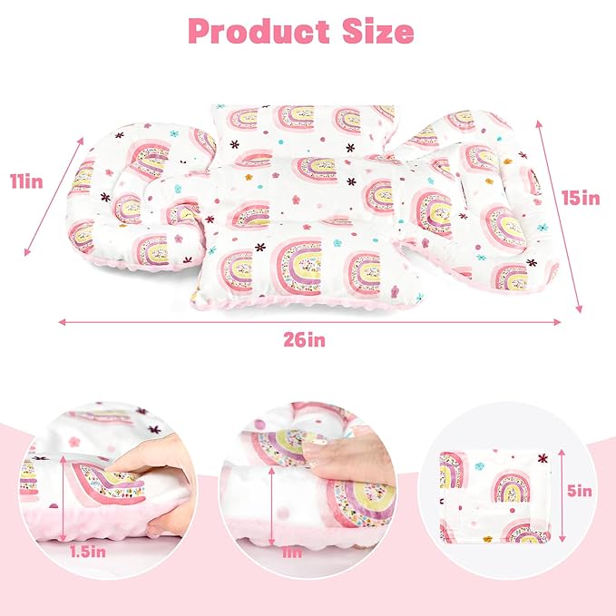 Infant Car Seat Insert with 3 Strap Covers, 3 in 1 Reversible Rainbow Baby Car Seat Head Support for Newborn, Baby Girl Newborn Essentials for Preemie to Infant, Stroller, Swing, Bouncer (Pink)-BubblyBeeBaby