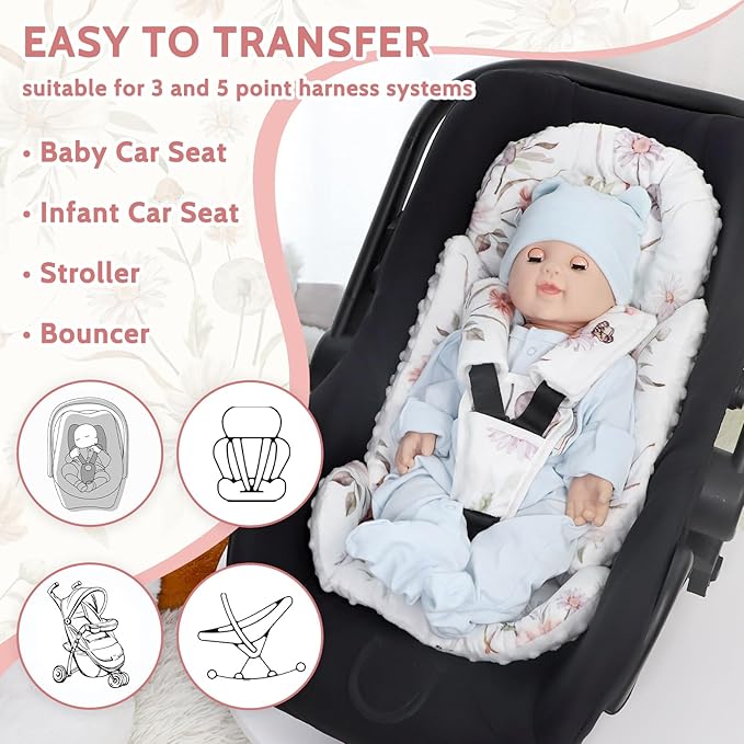 Infant Car Seat Insert and Strap Covers, Very Soft Car Seat Head Support Baby Girl Boy, Reversible Newborn Carseat Insert Cushion Fits for Stroller, Baby Swing, Bouncer (White Flower)-BubblyBeeBaby