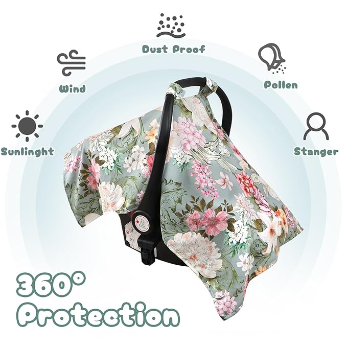 Car Seat Cover Baby, Flroal Infant Car Seat Canopy Covers for Newborn Girls Boys, Soft Breathable Minky Carseat Covers Stretchy Multi-Use Nursing Cover for Stroller Baby Car Seat, Green Leaf-BubblyBeeBaby