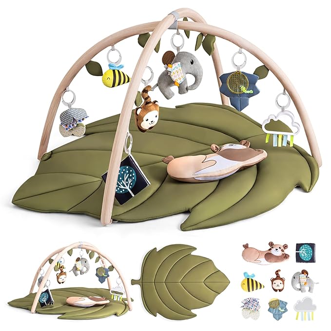 Infant Activity Center for Newborn to Develop Motor Cognition Leaves Leaf-Shaped Baby Play Gym & Activity Mat Extra Large Tummy Time Mat with 8 Detachable Toys-BubblyBeeBaby