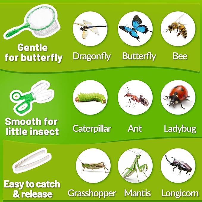 2 Set Bug Catcher for Kids- Educational Bug Catching Kit Including Butterfly Net, Insect Clip, Tweezer, Outdoor Toys for Kids Ages 3-10 (Pink & Green)-BubblyBeeBaby