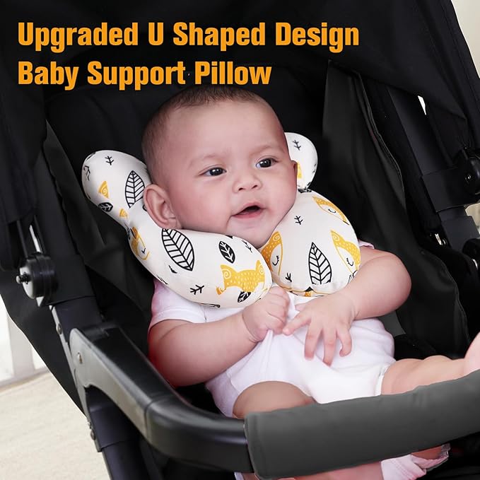 KAKIBLIN Baby Neck Pillow, Upgraded Baby Support Pillow for Head and Neck, Babies Head Pillow for Car Seat,Pushchair,Travel(Yellow Fox)-BubblyBeeBaby