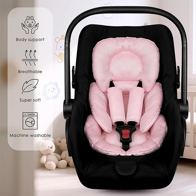 Infant Car Seat Insert for Newborn Girls Boys, Summer Mesh Baby Carseat Head Support with Strap Pads, Soft Reversible Baby Car Seat Insert Cushion Pad for Car Seat, Stroller, Bouncer, Swing, Pink-BubblyBeeBaby