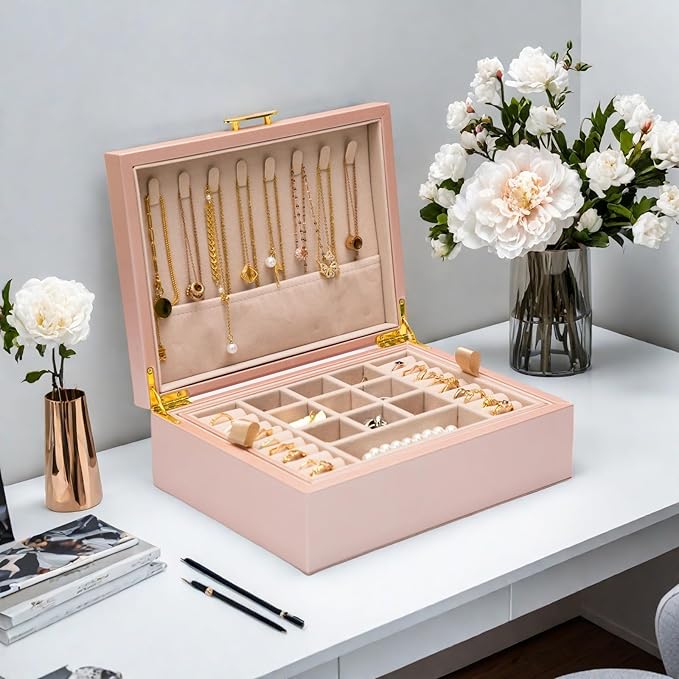 2-layer jewelry box，Jewelry Organizer with Handle，with hanging necklace hooks, detachable jewelry trays, suitable for storing a large amount of jewelry gift box (rose gold)-BubblyBeeBaby
