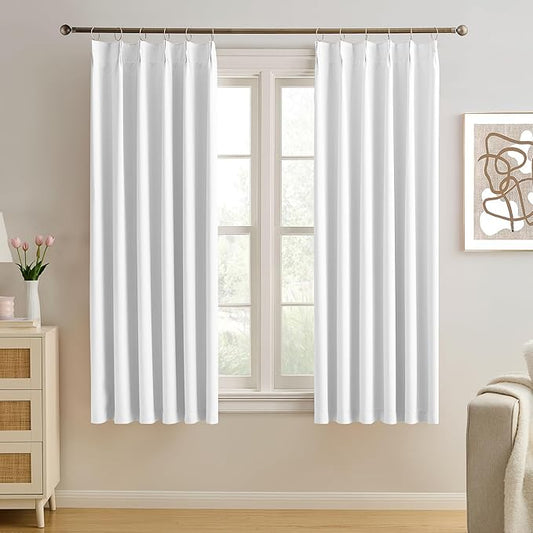 KEQIAOSUOCAI Pleated White Curtains 63 Inches Long,Half Blackout Room Darkening Short Window Curtain 63 Inch Length 2 Panel Set,Pinch Pleated Curtains with Hooks,40 by 63,Set of 2-BubblyBeeBaby