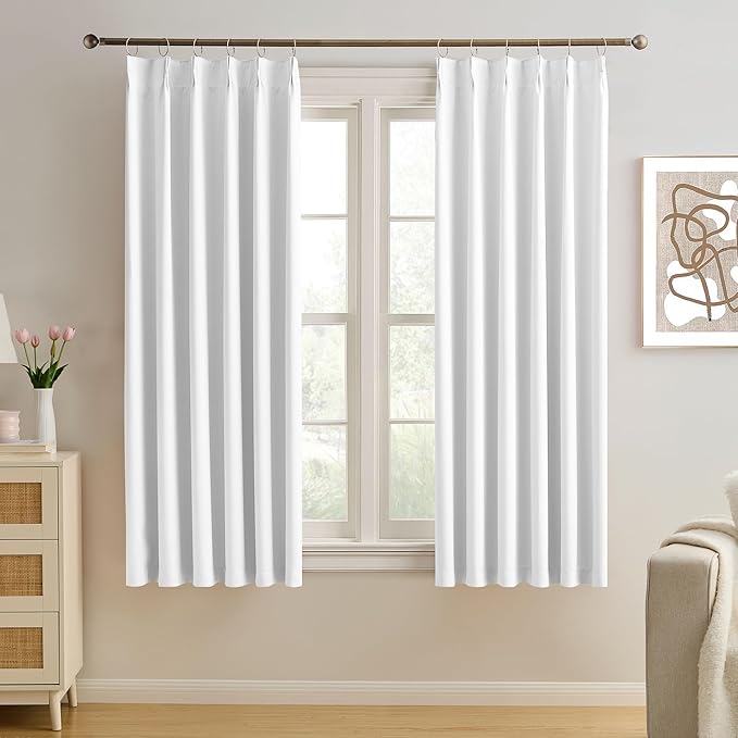KEQIAOSUOCAI Pleated White Curtains 72 Inches Long for Bedroom,Half Blackout Room Darkening Memory Shape Window Curtain 72 Inch Length 2 Panel Set,Pinch Pleated Drapes with Hooks,40 by 72,Set of 2-BubblyBeeBaby