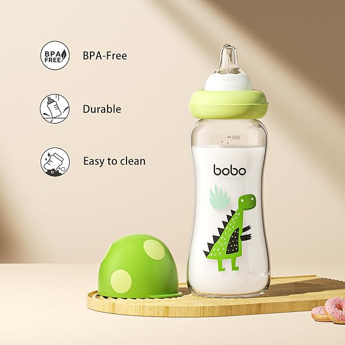 YOHKOH Natural Glass Baby Bottle with Natural Response Nipple, Newborn Anti-Colic Baby Bottles, Wide Neck Mushroom Cap Baby Bottle, Clear (8.8ounce (Pack of 4), Green2)-BubblyBeeBaby