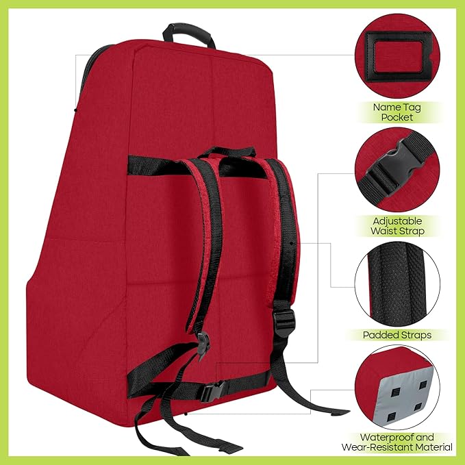 Padded Car Seat Travel Bag for Airplane, Heavy Duty Backpack for Air Travel, Water-Resistant Carrier with Shoulder Strap, Fits Most Car Seats (Red)-BubblyBeeBaby