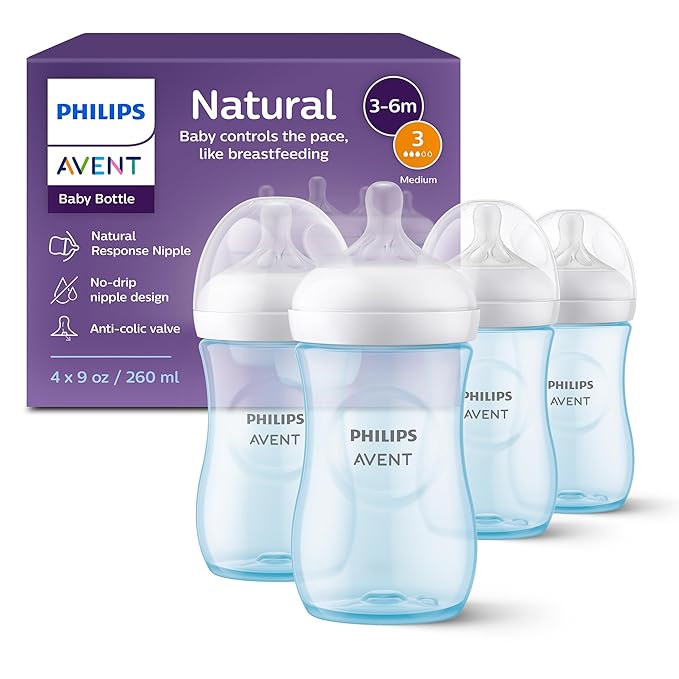 Philips Avent Natural Baby Bottles with Natural Response Nipples (Medium Flow, Flow 3), 9oz, Blue, 4-Pack, SCY903/24-BubblyBeeBaby