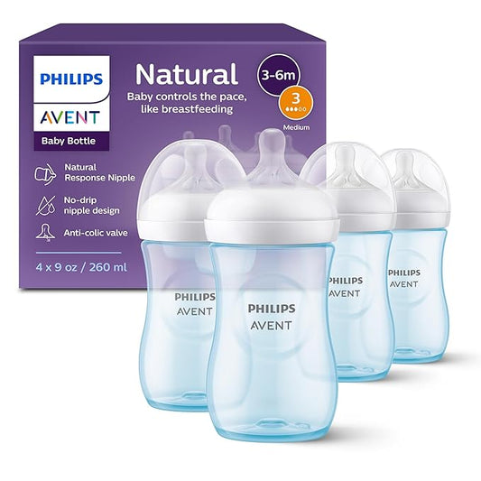Philips Avent Natural Baby Bottles with Natural Response Nipples (Medium Flow, Flow 3), 9oz, Blue, 4-Pack, SCY903/24-BubblyBeeBaby