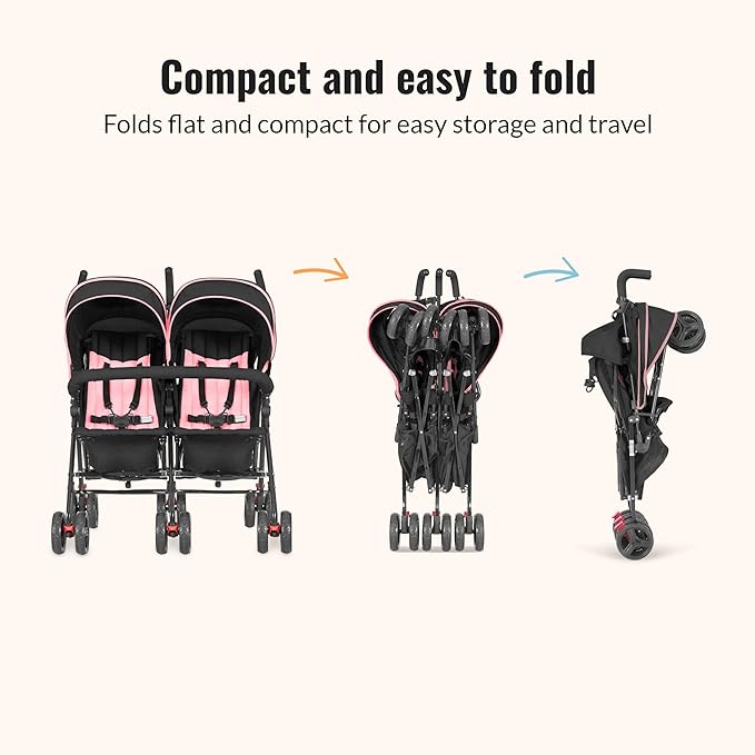 Dream On Me Volgo Twin Umbrella Stroller in Pink, Lightweight Double Stroller for Infant & Toddler, Compact Easy Fold, Large Storage Basket, Large and Adjustable Canopy-BubblyBeeBaby