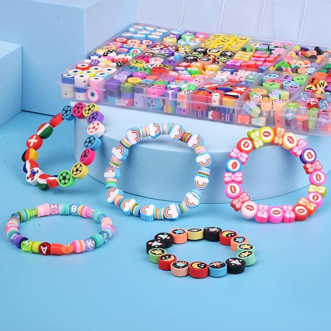 1000PCS Polymer Clay Beads Bracelet Making kit, 24 Style Cute Fun Beads Flower Animal Rainbow Eye Charms for Jewelry Necklace Earring Making DIY Accessories for Women Girls-BubblyBeeBaby