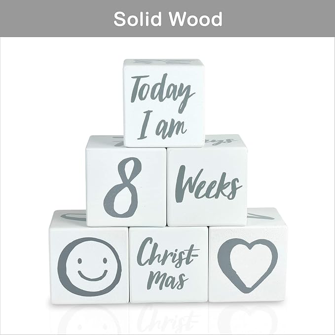 I'm Solid Wood Weekly Monthly Yearly Baby Milestone Age Blocks, Gender Neutral, Newborn Gifts & Keepsakes for Picture Props (6 Pcs/White)-BubblyBeeBaby