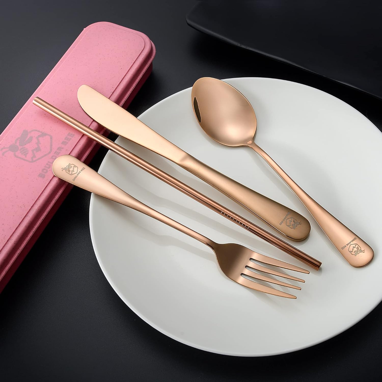Boulder Bee Travel Utensils | Reusable Camping Cutlery | Stainless Steel Flatware | Portable Silverware Set with Case | Includes Knife/Fork/Spoon/Straw/Cleaning Cloth (Rose Gold)
