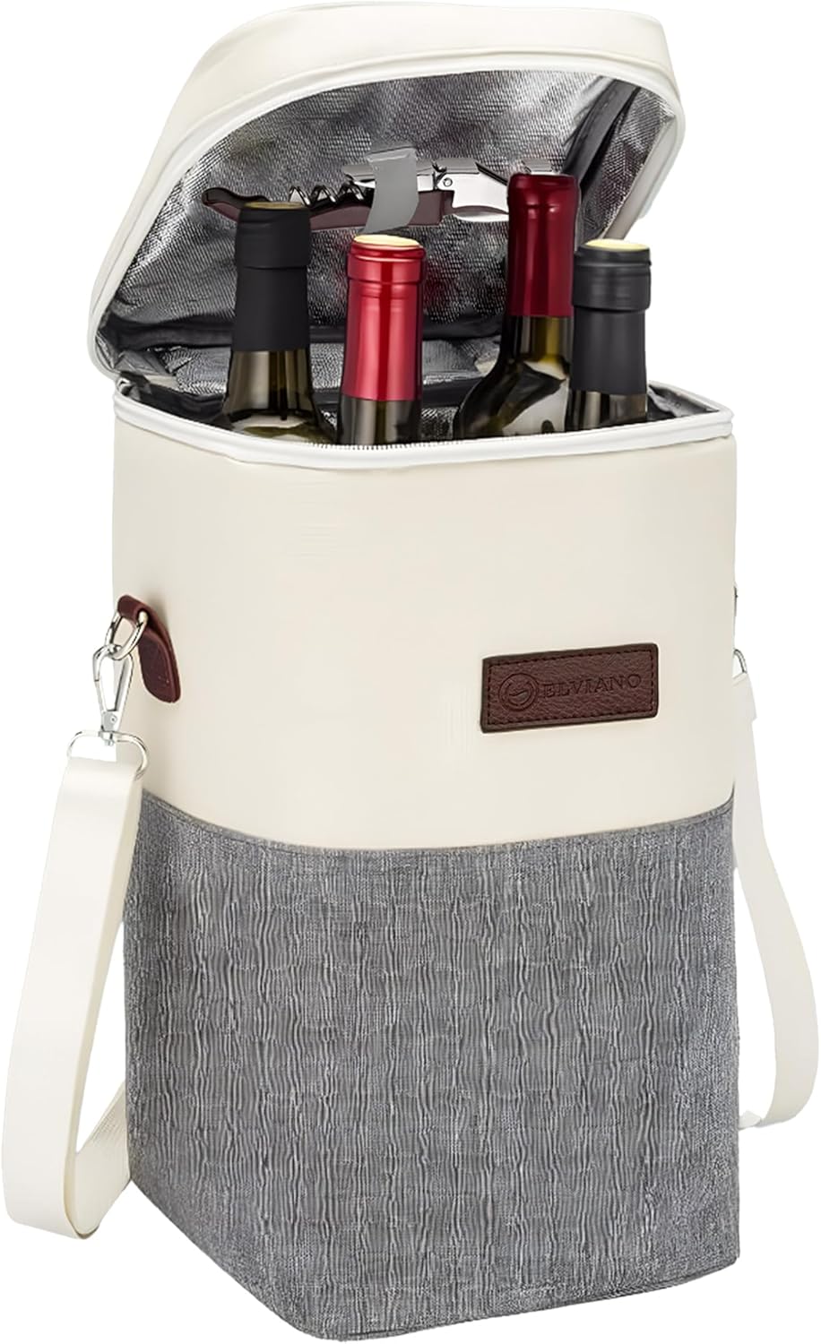 Insulated Wine Bag Cooler – Beige and Gray, Holds 4 Bottles, Wine Opener, Shoulder Strap, Expandable Zipper, 7.8 x 5 x 15 inches, Perfect for Travel & Picnic
