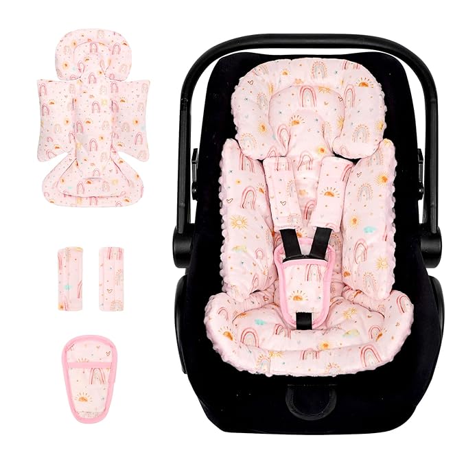 Infant Car Seat Insert and Strap Covers, Very Soft Car Seat Head Support Baby Girl Boy, Reversible Newborn Carseat Insert Cushion Fits for Stroller, Baby Swing, Bouncer (Pink Rainbow)-BubblyBeeBaby