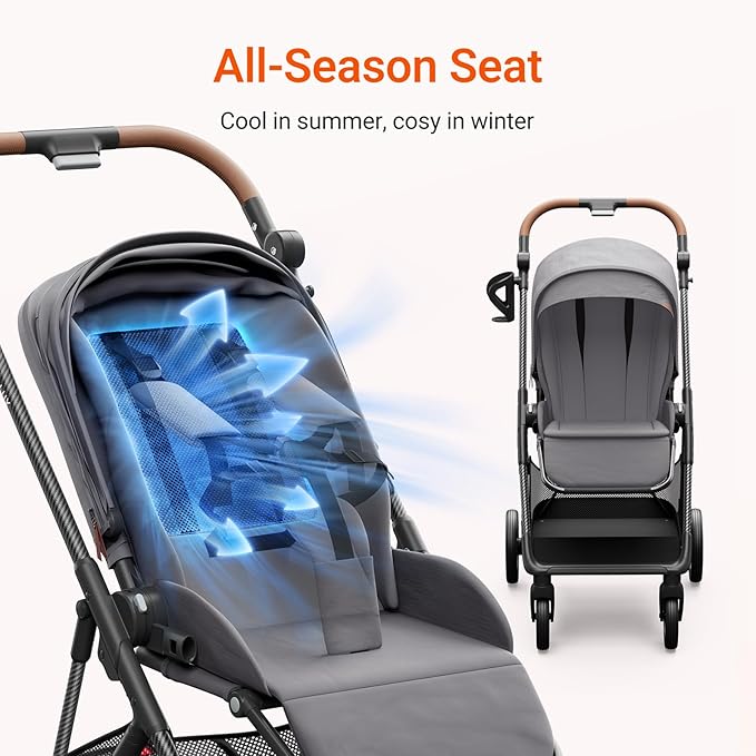 Air Lux Baby Stroller with Carbon Fiber Frame, One-Hand Fold & Reversible Seat, Magnetic 5-Pt Harness, Car Seat Adapter, 15.8lbs, Cinder-BubblyBeeBaby
