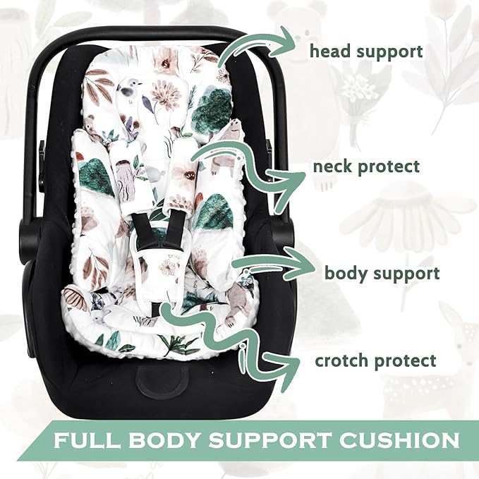 Infant Car Seat Insert and Strap Covers, Very Soft Car Seat Head Support Baby Girl Boy, Reversible Newborn Carseat Insert Cushion Fits for Stroller, Baby Swing, Bouncer (White Animals)-BubblyBeeBaby