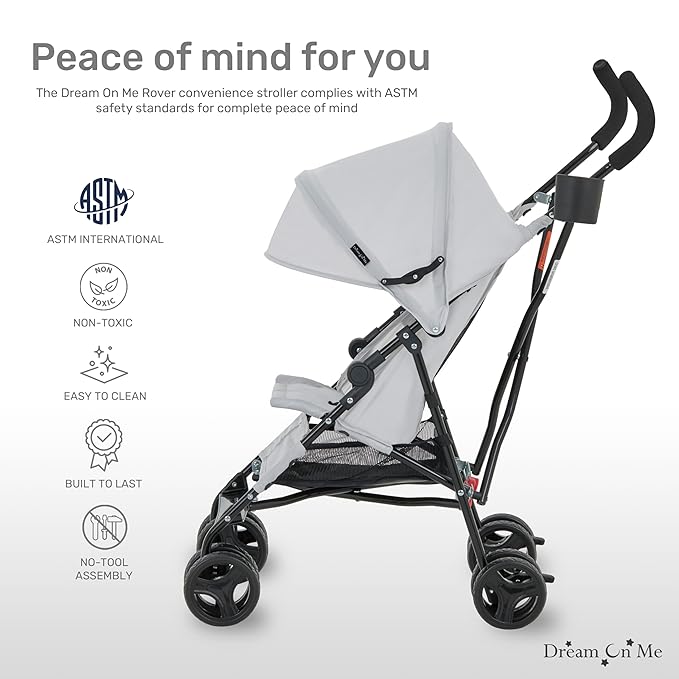 Dream On Me Rover Convenience Baby Stroller in Gray, Lightweight & Compact Umbrella Stroller, Easy one-Hand fold Travel Stroller, Lockable Rear Wheels, Removable & Adjustable Canopy-BubblyBeeBaby