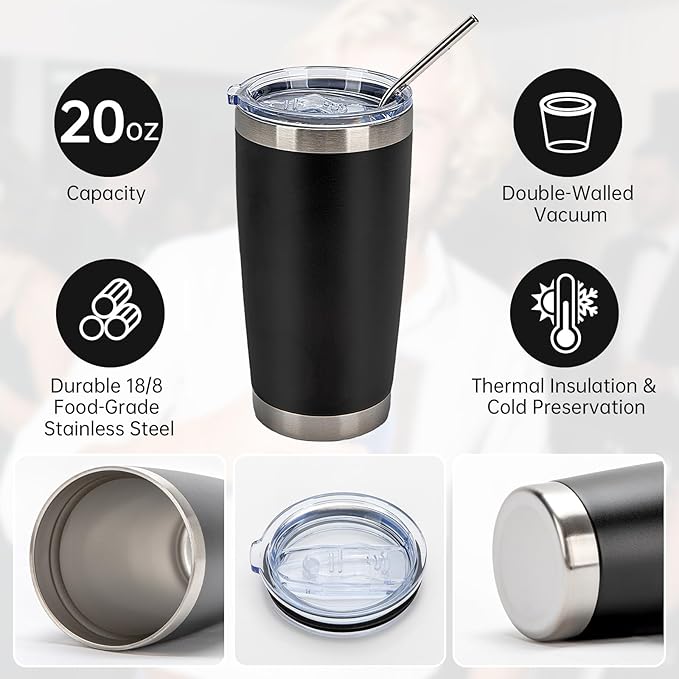 IEOVIEE 32 Pack 20oz Stainless Steel Bulk Tumblers with Lids and Straws Double Wall Insulated Travel Mug Durable Powder Coated Tumbler Bulk Cup for Cold and Hot Drinks(Black)-BubblyBeeBaby