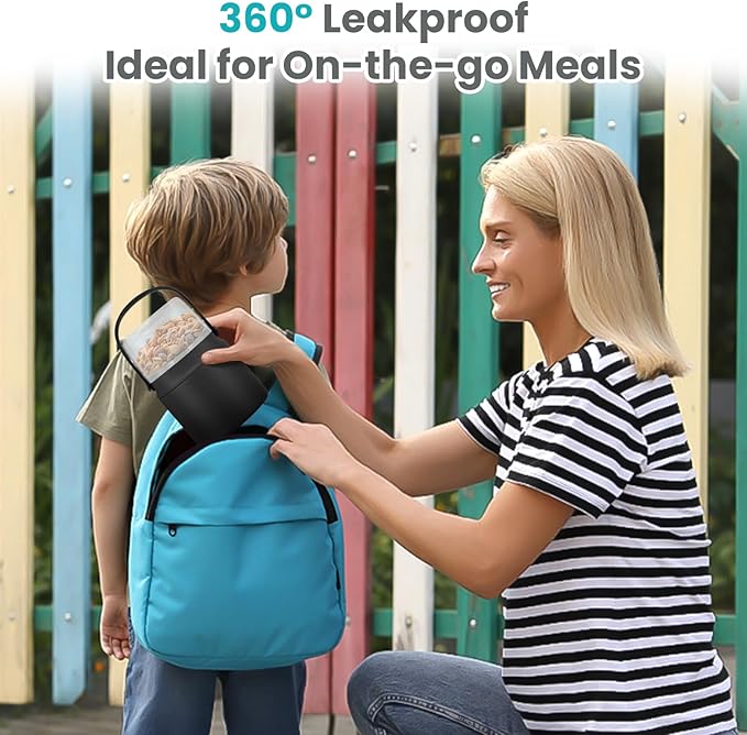 2-in-1 Insulated Food Jar & Snack Container - 15oz Kids Soup Thermos for Hot Food with Handle and Spoon, Leak Proof Reusable Toddler Snack Box, Perfect for School & Travel, Black-BubblyBeeBaby