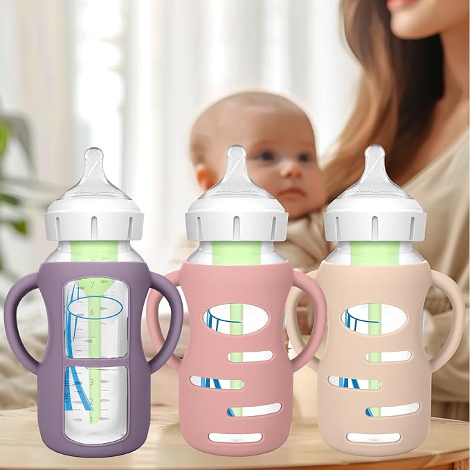 BUSOHA 3 Pack Silicone Sleeves for Dr. Brown's Glass Baby Bottles - Drop Protection Baby Bottle Sleeves Compatible with Dr. Brown's Newborn Glass Bottles with Silicone Handles,9oz-BubblyBeeBaby