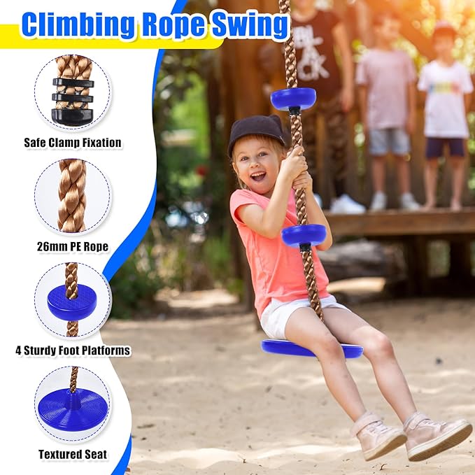 Hungdao 2 Set Gym Ring Trapeze Swing Bar and Climbing Rope with Platforms Disc Heavy Duty Coated Chains Seat Accessories for Outdoor Indoor Playground Backyard(Blue)-BubblyBeeBaby