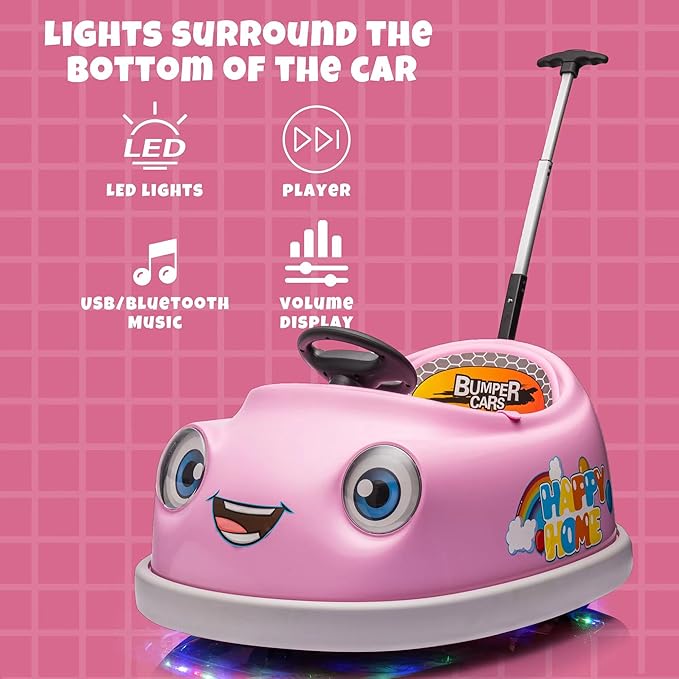 12V Dual Battery Electric Ride on Kids Bumper Car w/Remote Control,360 Degree Spin,Push Rod Rocker Horse Function,3-Speeds Babies & Toddlers Bumping Car Ride on Toy Gift for 1-4 Years Children (Pink)-BubblyBeeBaby