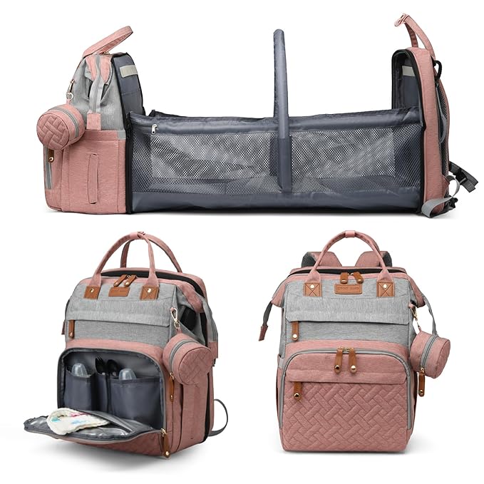 Jeryswet Baby Diaper Bags with Changing Station, Waterproof Large Capacity Diaper Bag Backpack for Moms Dads with USB Charging Port and Stroller Straps, Baby Shower Gifts, Pink-Grey-BubblyBeeBaby