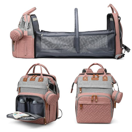 Jeryswet Baby Diaper Bags with Changing Station, Waterproof Large Capacity Diaper Bag Backpack for Moms Dads with USB Charging Port and Stroller Straps, Baby Shower Gifts, Pink-Grey-BubblyBeeBaby