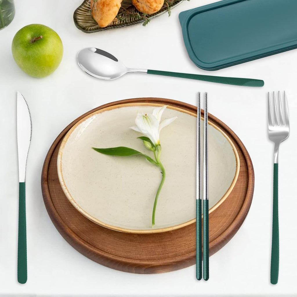 Portable Travel Camping Cutlery Set, TWUTGAYW Silver Green Reusable Flatware Silverware, Stainless Steel Cutlery Set, Portable Chopsticks Knife Spoons Forks Set for Camping Picnic Lunch Daily Use
