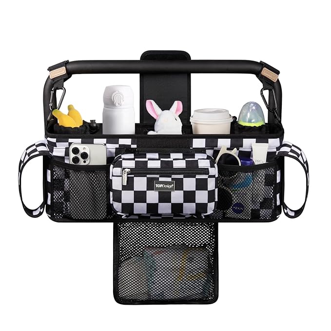 TOPDesign Universal Baby Stroller Organizer, Double Stroller Caddy with Detachable Mesh Bag & Heightened Insulated Cup Holders & Non-Slip Secure Hooks Accessories, Fits Most Strollers (Checkerboard)-BubblyBeeBaby