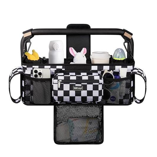TOPDesign Universal Baby Stroller Organizer, Double Stroller Caddy with Detachable Mesh Bag & Heightened Insulated Cup Holders & Non-Slip Secure Hooks Accessories, Fits Most Strollers (Checkerboard)-BubblyBeeBaby