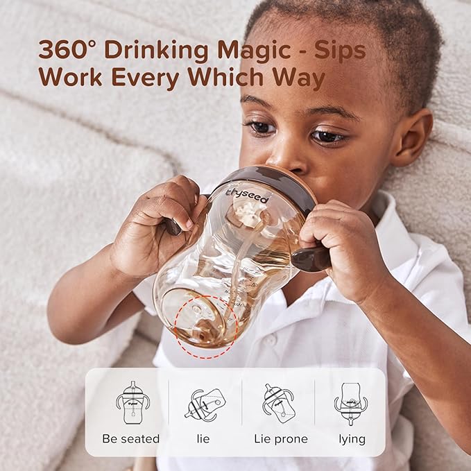 PPSU Weighted Straw Cup with Handles Toddlers Transition Bottles to Sippy Cups No Spill Learner Milk Water Baby Bottle Soft Silicone Spout Dishwasher Safe BPA Free 6+ Months 10oz/300mL 2 Pack-BubblyBeeBaby